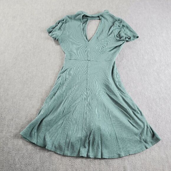 Soprano Dress Womens Medium Green Ribbed Mini Wrap Casual Short Sleeve Mock Neck - Picture 7 of 8